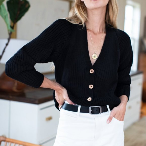 Emerson Fry Low V Neck Cardigan Black Organic - Picture 1 of 2